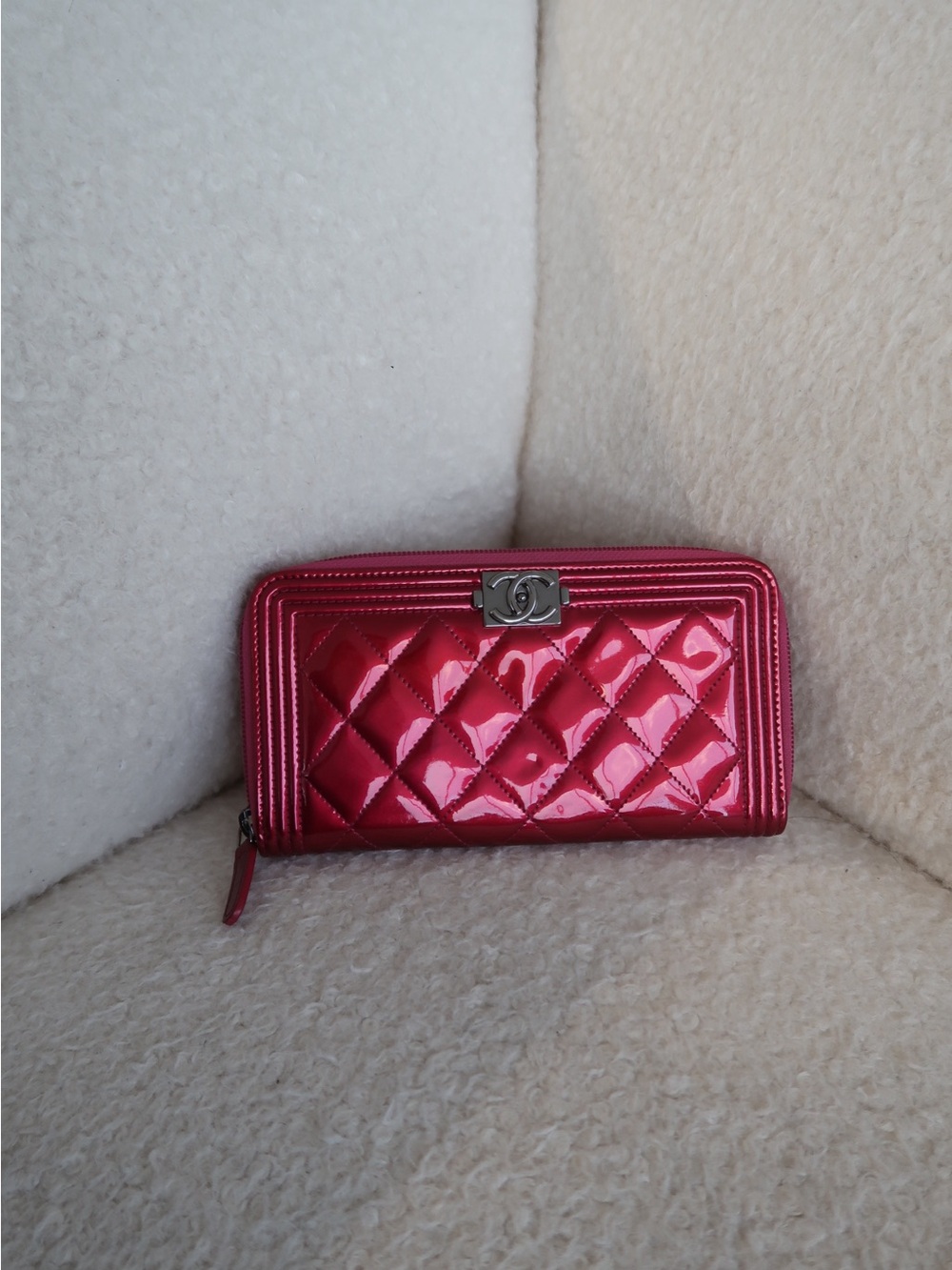 CHANEL Pink Quilted Patent Zip Wallet with Silver Hardware